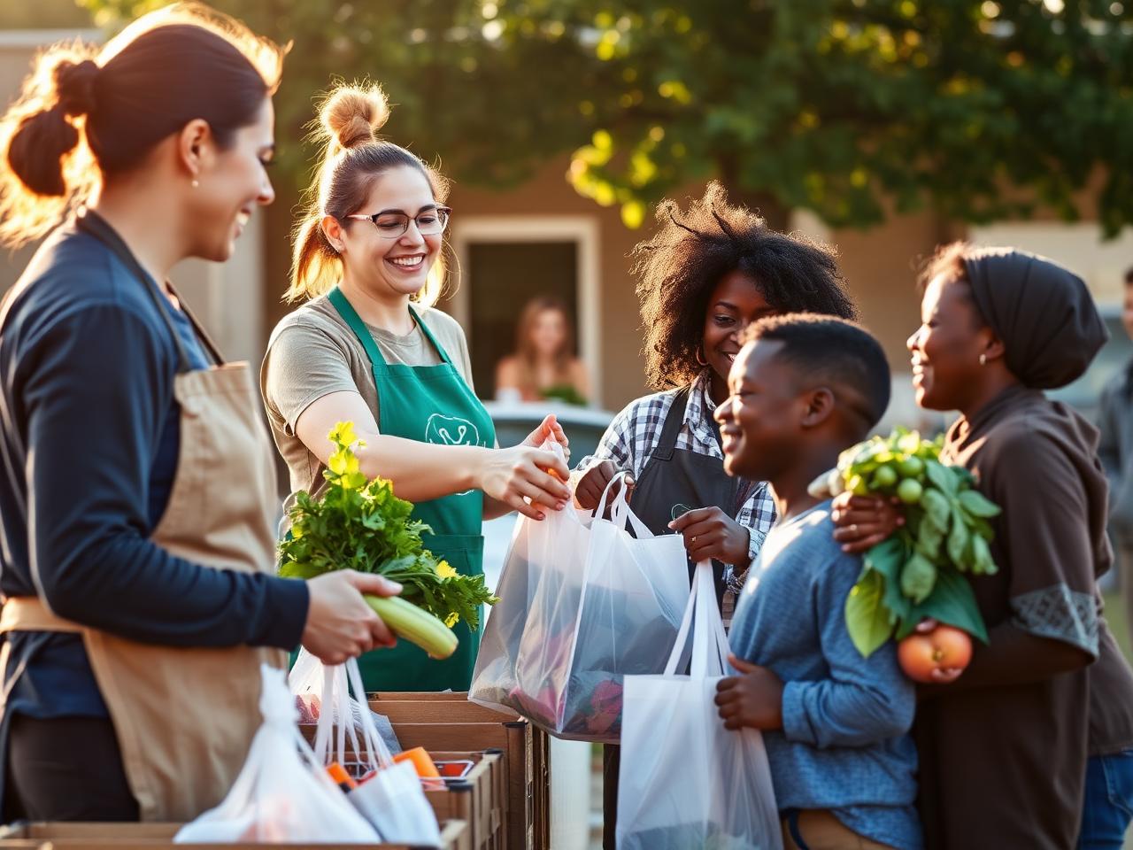 Volunteers handing fresh produce to families