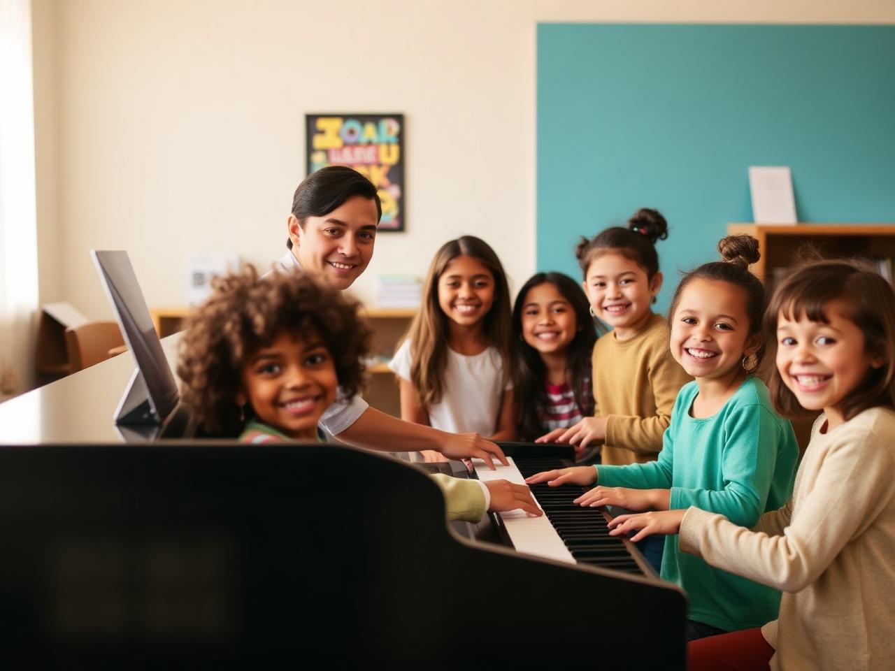 Children at a community piano lesson